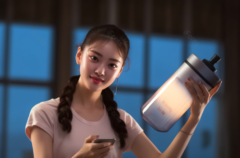 年轻漂亮的女子在家直播推荐榨汁机实拍图像,高清,摄影图,摄影图片,图片大全,摄影图免费下载